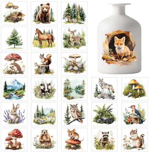 GLOBLELAND 25 pegatinas para tarros de cristal con silueta de animales del bosque, 3,9 x 3,5 pulgadas, plantas de otoño, paisaje, impermeable, transparente, silueta de PVC, pegatinas de pared de