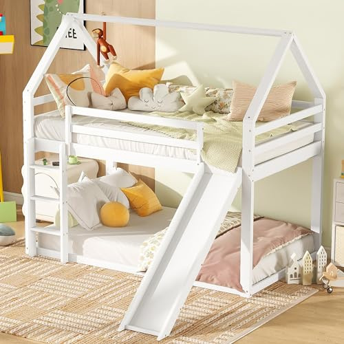 Rvjiahe Letto matrimoniale，letto per bambini ，Letti a casetta，Letti a castello con scivoli e scalette，, camera dei bambini letto a castello matrimoniale alto (White, 90cmc×200cm)