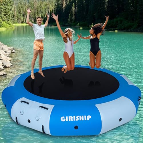 Inflatable Water Trampoline, 8/10/12FT Floating Lake Trampoline for Adults Portable Bounce Swim Platform for Lake, Pools Rope Ladder(NO Pump) (Blue, 12FT)