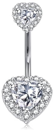 LAURITAMI Bauchnabelpiercing Silber 925 Doppeltes Herz Zirkonia 14G Piercing Bauchnabel Sterling-Silber 8mm 10mm 12mm Bauchnabelpiercing Silber Schmuck für Damen