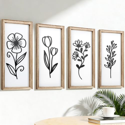 YiYa 4 Piece 3D Wooden Floral Wall Art Decorative Wooden Wall Art Farmhouse Bohemian Wall Art for Living Room Bedroom Office Kitchen Wall Decor(Black)