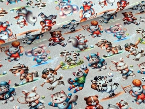 Baumwolljersey Tiere Sport auf Hellgrau Stoff Meterware Kleiderstoff Kinderstoff