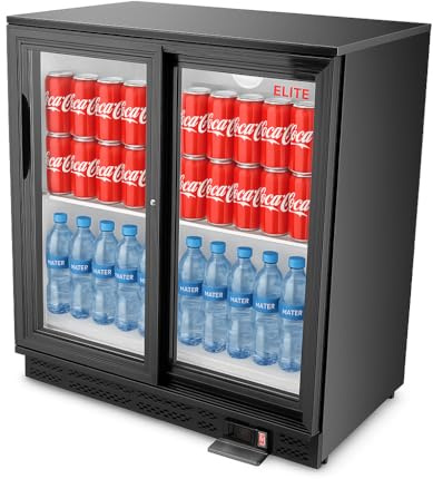 HAKKA Commercial Double Sliding Door Bar Fridge,281L Capacity,0°C to 10°C Commercial Refrigerator,RefrigerantR600a / GWP 3,Fan-Assisted Cooling,Black