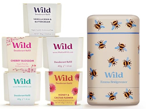 Wild Aluminiumfreies nachfüllbares natürliches Deodorant Starter‑Kit – Bee Case mit Nachfüllern in einer Auswahl frischer Duftsorten, 5 × 40 g – langanhaltender 24‑Stunden‑Schutz vor Körpergeruch
