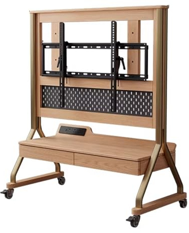 40-85 Inch Portable Tv Stand with Wheels Solid Wood Monitor Stand with Power Outlet Double Drawers Pegboard Adjustable Height/angle Tv Cart for Bedroom Living Room Office