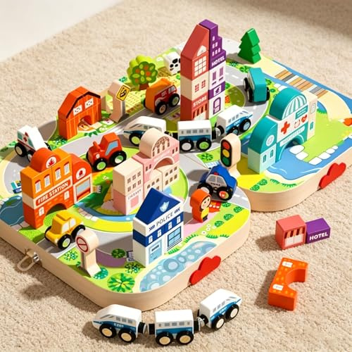 Jessruly Wooden Building Blocks Set – City & Train Architecture Kit with Magnetic Storage Box, Montessori-Inspired Educational Stacking Toy for Creative Construction Play