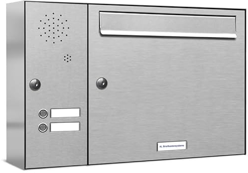 AL Briefkastensysteme 1er Briefkasten mit Klingel V2A Edelstahl, Premium Briefkasten DIN A4, 1-Fach Postkasten modern Aufputz