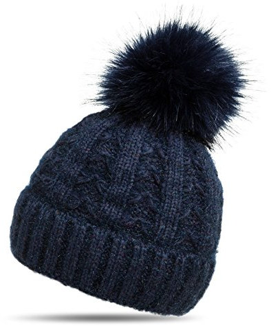 Caspar MU144 Damen warme Winter Strick Mütze mit Fellbommel, Farbe:dunkelblau, Größe:One Size