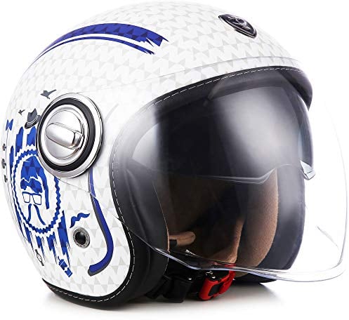 SOXON® SP-888 „Sir Blue“ · Jet-Helm · Motorrad-Helm Roller-Helm Scooter-Helm Moped Mofa-Helm Chopper Retro Vespa Vintage Pilot · ECE 22.05 Sonnenvisier Schnellverschluss SlimShell Tasche M (57-58cm)