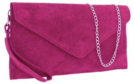 LeahWard Wrist Strap Genuine Italian Suede Leather Envelope Clutch Bags Party Wedding Purse Handbag Cross Body Bag CW01 (Fuchsia)