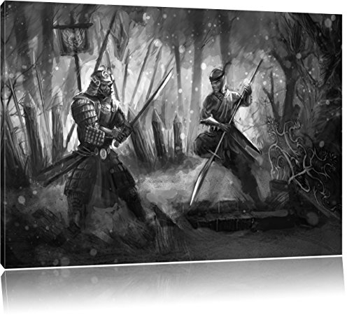 Pixxprint Kampf zwischen Samurai und Ninja, Größe: 100x70cm, Leinwandbild, fertig gespannt, Wandbild, Dekoration, Kunstdruck, kein Poster
