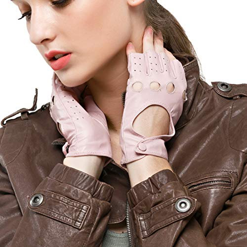 Nappaglo Damen klassisch Halbfinger Lederhandschuhe für fahren Fingerlose Lammfell Fitness Outdoor ungefüttert Handschuhe (S (Umfang der Handfläche:16.5-17.8cm), Rosa)