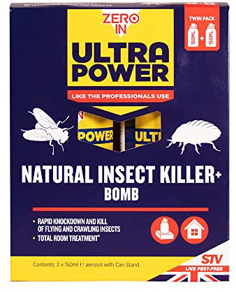 Zero In Ultra Power Natural Insect Killer Bomb - 150 ml One-Shot Aerosol – Twinpack One-Shot Aerosol Bomb, Kills Flies, Cluster Flies, Fleas, and Bed Bugs Use in Homes, Lofts and Outbuildings