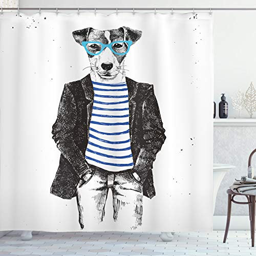 ABAKUHAUS Décalé Rideau de Douche, Chien Jack Russell Aux Lune Ttes Dessiné à la Main Fragmentaires de Mode Animal Fun, Tissu Ensemble de Décor de Salle de Bain avec Crochets, 175 cm x 240 cm, Blanc