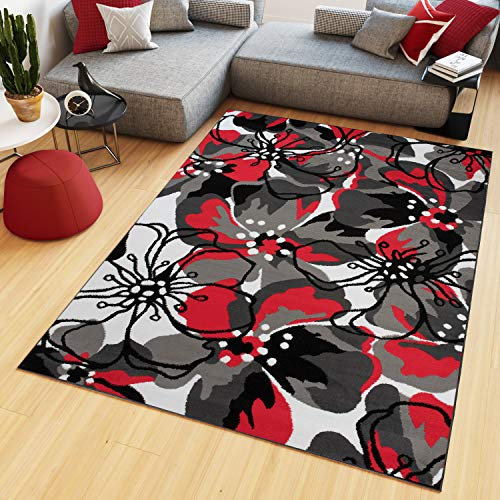 TAPISO Maya Teppich Wohnzimmer Kurzflor Modern Floral Blumen Design Schwarz Grau Rot Weiß Schlafzimmer Kinderzimmer ÖKOTEX 80 x 150 cm