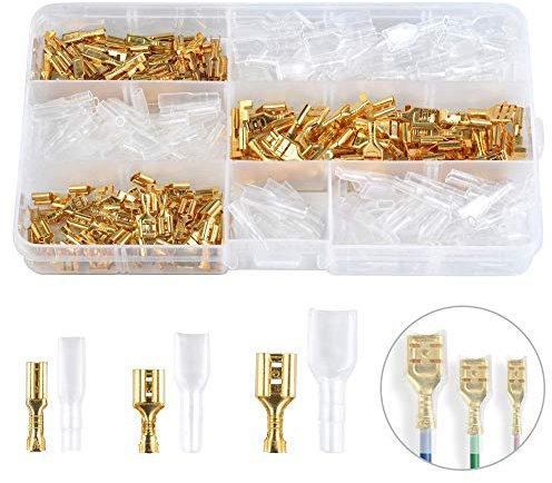 EMAGEREN 150 Pcs Cosses à Sertir en Laiton 2.8/4.8/6.3mm Cosse Electrique à Sertir avec Isolation Manches Connecteur Cosse Femelle Anti-oxydation Anti-fissuration pour Automobile Bateau Moto Voiture