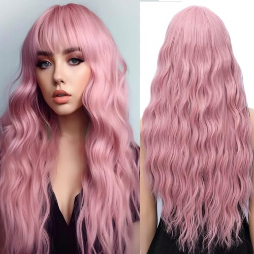 YEESHEDO Damen Perücke Lang Lockige Rosa Perücken für Frauen mit Pony, Natürlich Lange Locken Pink Wig, Anime Cosplay Halloween Wigs 28 Zoll (Rosa)