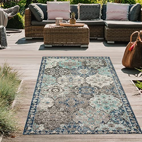 Teppich-Traum In- & Outdoor Orientteppich Ornamente Grau Blau 80x150 cm | Pflegeleicht, schmutzabweisend, farbecht und allergikergeeignet, für Terrasse, Balkon, Garten, Pavillon und Schlafzimmer