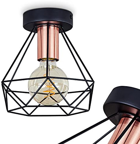 Deckenleuchte Denno, 1-flammige Deckenlampe aus Metall in Schwarz und Kupfer, Vintage Look Deckenlampe mit Metallschirm Käfig und Lichteffekt, 1 x E27, ohne Leuchtmittel