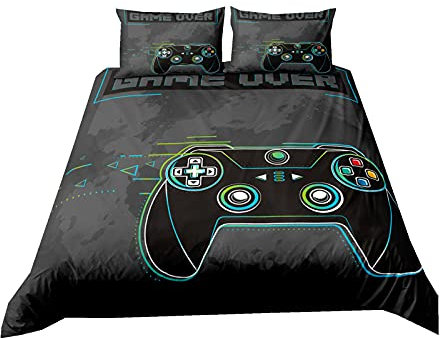Gamer Bettwäsche Set für Jungen Teen Zipper Bettbezug Grau Blau Lila Geometrisches Blitzdesign Game Control Buttons Polyester Bettbezug und Kissenbezug 50x75 cm (Grau, 135 x 200 cm)