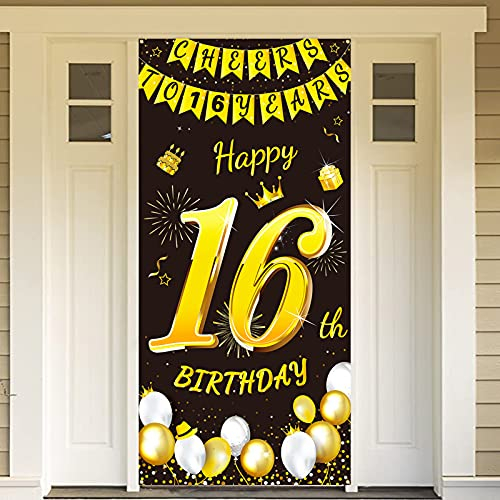 DPKOW Black Gold 16th Birthday Decoration for Boy Girl - Banner for Backdrop, Door, Garden, Table, Wall - 185 x 90cm Fabric Background