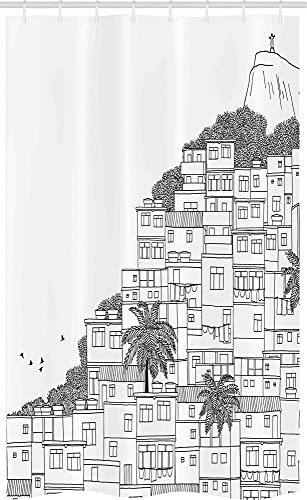 ABAKUHAUS Rio de Janeiro Schmaler Duschvorhang, Brasilien Apartments, Badezimmer Deko Set aus Stoff mit Haken, 120 x 180 cm, Charcoal Grau und Weiß