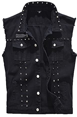 QCBH Herren ärmellose Nieten-Denimweste, Motorrad-Denimweste, ärmellose Herrenweste