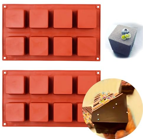 Große quadratische Silikonformen, 2 Stück, Süßigkeiten-Kuchenform, 8 Mulden, Schokoladenformen zum Backen von Mousse, Kuchen, Dessert, Käsekuchen, Pop, Trüffel, Karamell, Gelee, Brownie für Party