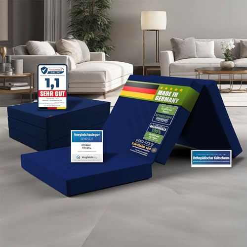 SHOGAZI Klappmatratze 70x200 x 12 cm, Gästematratze klappbar Made in Germany, Faltmatratze VERGLEICHSSIEGER, ultimativer Schlafkomfort, Orthopädischer Kaltschaum - Marine