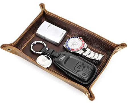 Hiram Organizador de almacenamiento de escritorio de piel auténtica, bandeja de valet para objetos pequeños, soporte de almacenamiento para llaves, joyas, cartera, monedas, relojes, gafas, diseño de