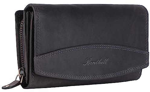 Benthill Damen Geldbörse Leder XXL - Großes Portemonnaie mit RFID Schutz - Echtleder Vintage Damenbörse inkl. Geschenkbox, Farbe:Grau