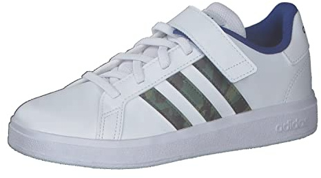 adidas Unisex Kinder Grand Court Lifestyle Court Elastic Lace and Top Strap Shoes, Cloud White / Green Oxide / Royal Blue, 32 EU