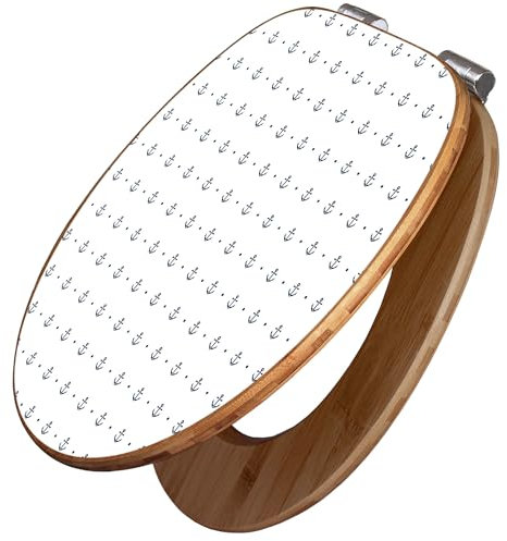 banjado Design WC Sitz Bambus Absenkautomatik 45,8x37,5cm / Toilettendeckel mit Absenkautomatik Holz/hochwertiger Bambus Klodeckel/WC-Sitz für gängigen Toiletten/Motiv Kleine Anker