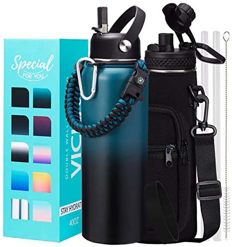 40/64/128OZ Vacuum Insulated Water Bottle - Cold for 48H, Combo Straw & Spout Lids, Survival Paracord Handle, Bottle Carrier Bag w/Strap, Protective Cup Mat, Stainless Steel Waterbottle Flask Jug