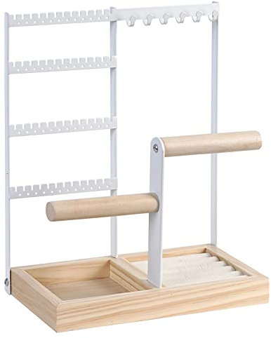 Hggzeg Présentoir à bijoux à 4 niveaux avec plateau en bois pour colliers, clous d'oreilles, bracelets, bagues, montres (blanc)