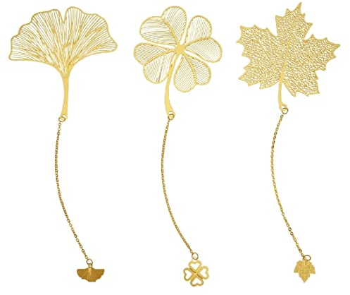 LICHUANUK 3 Stück Metall Lesezeichen Gold mit Kette,Metall-Ahornblatt-Lesezeichen, Goldene Leaf Lesezeichen Exquisite Metall Lesezeichen Ginkgo Nelke Blume Ahornblatt für Buchliebhaber Teens