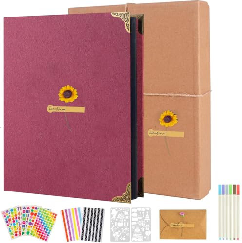 AIOR Fotoalbum zum Selbstgestalten 60 Schwarze Seiten, DIY Fotoalben Scrapbook Album zum Einkleben, Retro Nachfüllbar Fotobuch, Geburtstag Jahrestag Geschenk (Rot)