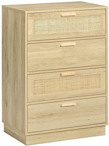 HOMCOM Cómoda de Noche con Cajones de Rejilla de Ratán Cómoda de Dormitorio Estilo Bohemio Antivuelco para Sala 60x38x88,5 cm Natural