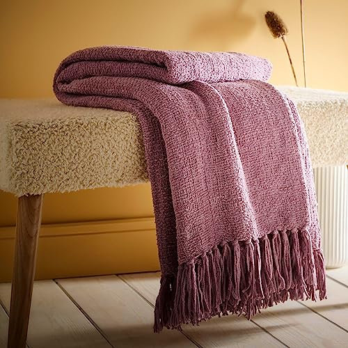 Appletree Überwurf/Decke (130 x 180 cm) – Chenille-Überwurf in Rot Mauve – strukturierter Leinenüberwurf in Heidekraut – Dunkelrosa Decke gewebt – Überwurf mit Quasten – für Wohnzimmer und