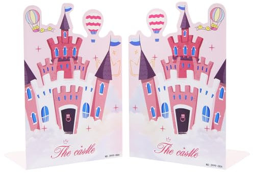 1 paire de serre-livres en métal château rose, contes de fées de dessin animé, serre-livres épais antidérapants, organisateur de bureau pour étagères à livres pour enfants, bibliothèque, école, bureau