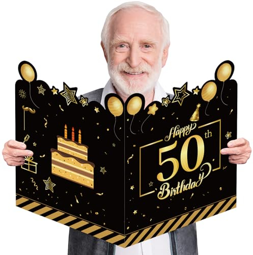 Geburtstagskarte 50 Mann Frau Groß 63x40cm,Karte 50 Geburtstag Frau,50 Geburtstag Männer Frauen Deko,Geburtstagskarten 50 Jahre Schwarze Gold,50. Geburtstag Gästebuch Karten Danke Geschenke,GrußKarten