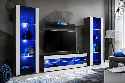 Komodee Ensembles de Meubles Tivoli Grande, Noir Blanc, Largeur 250cm x Hauteur 159cm x Profondeur 35cm, LED Bleues, pour Salon, Chambre
