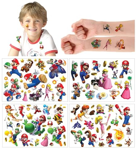 Set di tatuaggi temporanei per bambini per Super Mario,4 fogli tatuaggi per bambini adesivi per sacchetti regalo di compleanno per bambini, pensierini per ragazze e ragazzi