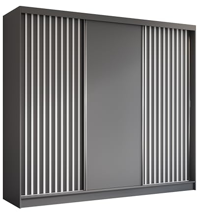 Margaret Hadas24 Kleiderschrank Erika mit Lamellen ohne Spiegel, Organizer, Mehrzweckschrank, Schwebetürenschrank, Garderobenschrank, Kleiderstange, Kleiderständer, Flurschrank, 240 cm, grau, weiß,