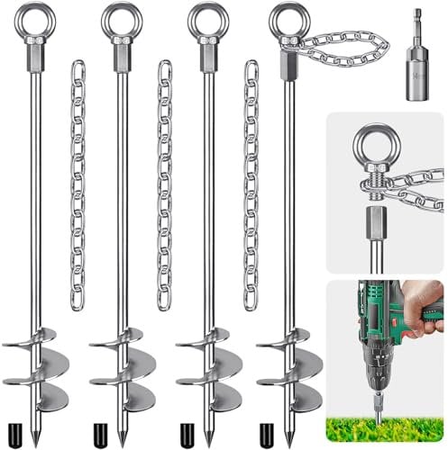 Insaga 4er Zeltheringe, 76cm Zelt Heringe Erdnägel Stabil Lang Erdanker Bodenanker Schraubheringe Zelthaken für Trampolin/Schaukel/Camping/Schuppen/Hund/Carport mit 37cm Fester Kette