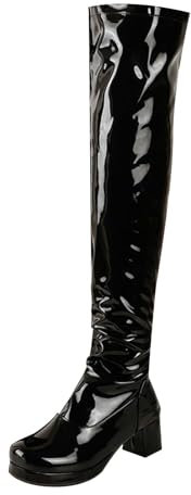 Overknees Stiefel Damen Lack - Hohe Stiefel Mit Blockabsatz Plateau Langschaft Lederstiefel Pu-Leder Kniehohe Stiefel Rundzehe Schlupfstiefel Strentch Lederritterstiefel Reitstiefel