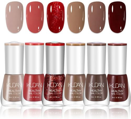 DMQ Nail Polish Sets, 6Pcs Autumn Winter Nail Varnish Kit - Red Brown Glitter Nail Polish Gel, Non-Toxic Water Based Holographic Nail Gel - Nail Paint Nail Art Manicure Kit Gifts for Women