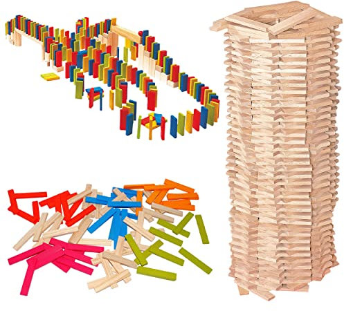 alles-meine.de GmbH XL Set 400 Stück - Holz - Bausteine - Natur & BUNT - ideal für Domino Rally - Bunte Steine & Natur Baustein - Baukasten/Holzbaukasten - Holzbausteine BRIC..