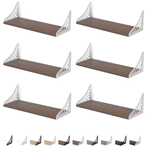 DINIAL Wall Mounted Floating Shelves for Wall Set of 6, Shelf Bookshelf for Bedroom Living Room Office Bathroom Kitchen Rustic Wood with Metal Bracket 04SH-06 (Dark Brown/White Brackets)