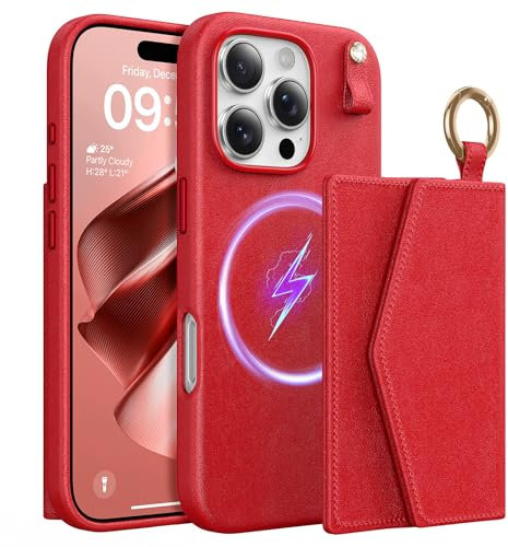 TAURI for iPhone 16 Pro Max Case, Removable Magnetic Wallet Case with Card Holder, [Compatible with MagSafe] Durable PU Leather Phone Case with Wireless Charging, Red